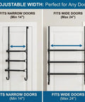 Black Wall Mounted Towel Rack Set With 3 Levels Per Unit And 2 Pieces shown on doors, adjustable for narrow and wide doors.