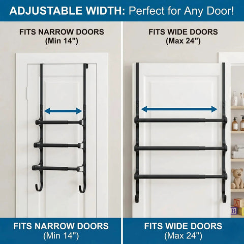 Black Wall Mounted Towel Rack Set With 3 Levels Per Unit And 2 Pieces shown on doors, adjustable for narrow and wide doors.