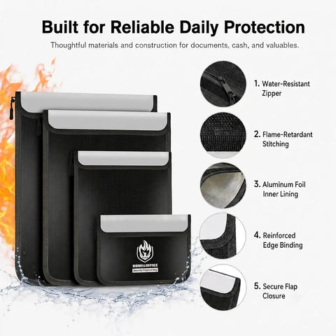 4 Pack Fireproof Document Bags Waterproof Safe Organizer Set with Legal Size 15x11 and A4 and Letter Size 12.7x9.8 in black