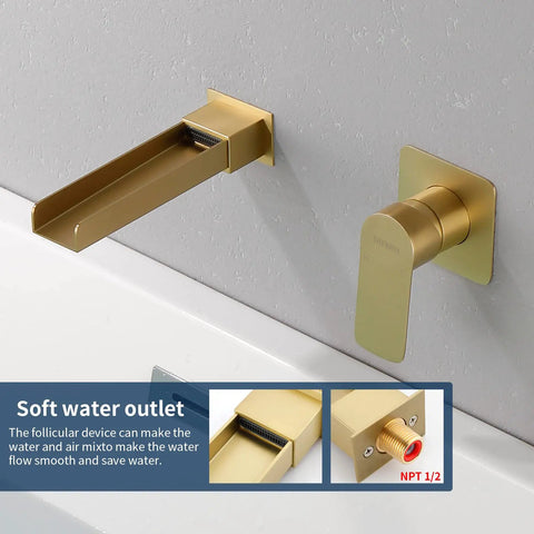 Wall Mount Waterfall Tub Faucet With Extra Long Spout, High Flow Bath Filler, Brushed Gold Finish, Rough-In Valve Trim Kit, Half Inch NPT