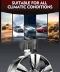 Preprogrammed 433MHz TPMS Sensor Compatible With BMW 228I 230I 320I 328I 330I Xdrive on chrome wheel with climate condition backgrounds.