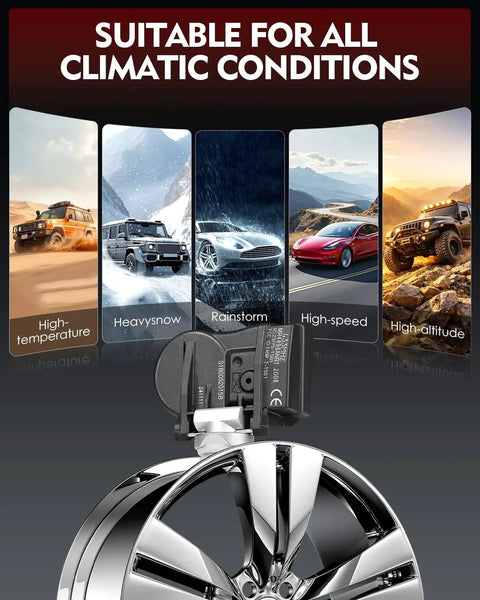Preprogrammed 433MHz TPMS Sensor Compatible With BMW 228I 230I 320I 328I 330I Xdrive on chrome wheel with climate condition backgrounds.