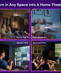 Roku TV Smart Projector With WiFi And Bluetooth, D1R Cube used in multiple settings: living room, bedroom, gamer zone, and backyard movie night.