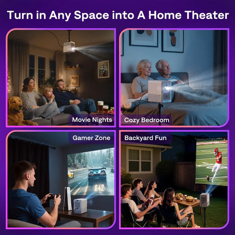Roku TV Smart Projector With WiFi And Bluetooth, D1R Cube used in multiple settings: living room, bedroom, gamer zone, and backyard movie night.