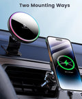 MagSafe Wireless Car Charger Mount With RGB LED Magnetic Phone Holder on car air vent, charging iPhone 14 series.