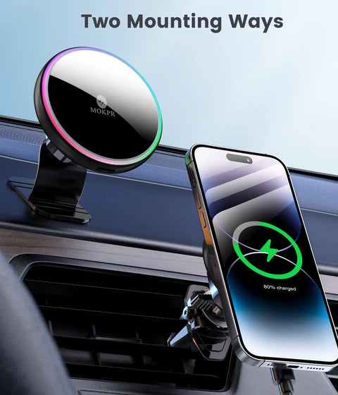 MagSafe Wireless Car Charger Mount With RGB LED Magnetic Phone Holder on car air vent, charging iPhone 14 series.