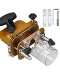 Professional Adjustable Mortising Jig And Sturdy Stainless Steel Slotting Guide Precision Wood Router Positioner seen from top with clear slots and adjustment knobs.