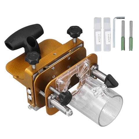 Professional Adjustable Mortising Jig And Sturdy Stainless Steel Slotting Guide Precision Wood Router Positioner seen from top with clear slots and adjustment knobs.