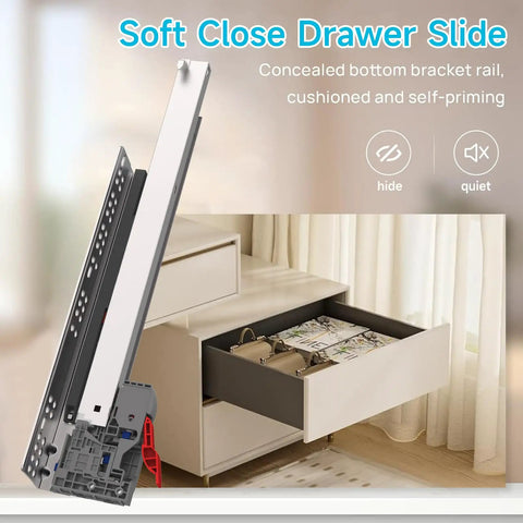 22 Inch Undermount Soft Close Drawer Slides Full Extension, 6 Pairs for 6 Drawers, 5/8 Inch Panel Compatible, Heavy Duty Cold Rolled Steel Construction, Smooth Quiet Operation; concealed drawer rail in vanity