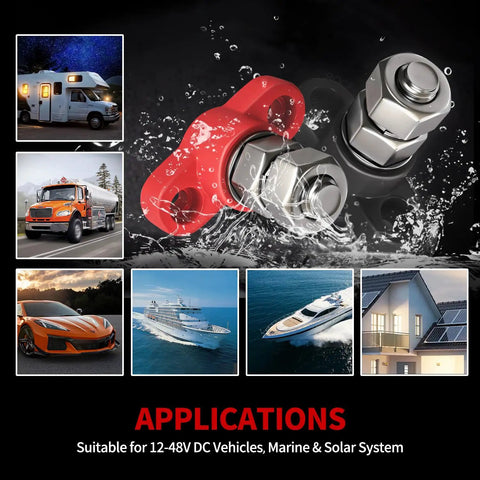 Badass 12V 150A Power Distribution Block Four Pack, red and silver terminal design suitable for automotive and marine applications.