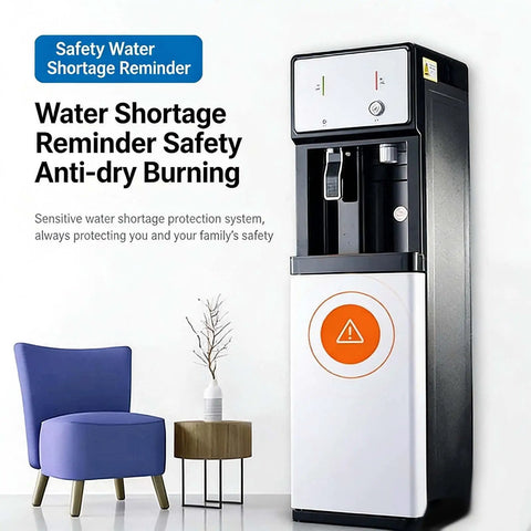 Game Changing Bottom Load Water Cooler With Triple Temp Settings Floor Standing Drink Dispenser For Tea Coffee And Office Use showing safety water shortage reminder.