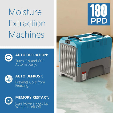 Beast Mode Commercial Dehumidifier Handles 180 Pints Daily Built In Drain Pump Eats Through Heavy Damp For Tough Water Damage Jobs That Need Heavy Duty Extraction Power Without Any Sweat At All
