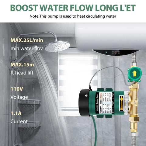 Installed 120W Water Pressure Booster Pump For Home Use With Automatic Operation next to shower in bathroom setting.