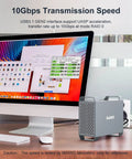 Dual Bay Sata 3.5 Inch Hard Drive Raid Enclosure With Active Cooling Fan And Usb 3.1 Type C Port, shown beside a monitor with transfer speed data.