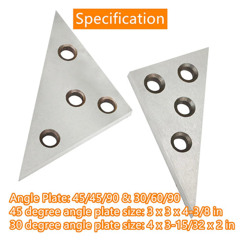 Two triangular metal angle plates for machinist use; 45/45/90 and 30/60/90 with four through holes each.