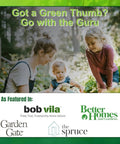 Family gardening outdoor scene with 'Got a Green Thumb? Go with the Guru' text, featuring various magazine logos.