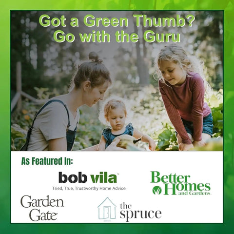 Family gardening outdoor scene with 'Got a Green Thumb? Go with the Guru' text, featuring various magazine logos.