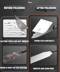 Image comparing knife before and after polishing showing sharp edges and smooth surface using No-Nonsense Bench Grinder Featuring Quiet Brushless Motor 550 Watt Spinning At 2950 Rpm With Tough 36 And 80 Grit Wheels Tailored For Honing Knives Sharpening Axes Grinding Steel Or Laying A Smooth Bevel A Dependable Shop Dog For Weekend Warriors And Pro.