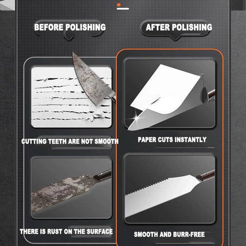 Image comparing knife before and after polishing showing sharp edges and smooth surface using No-Nonsense Bench Grinder Featuring Quiet Brushless Motor 550 Watt Spinning At 2950 Rpm With Tough 36 And 80 Grit Wheels Tailored For Honing Knives Sharpening Axes Grinding Steel Or Laying A Smooth Bevel A Dependable Shop Dog For Weekend Warriors And Pro.