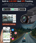 Dual 4K Front And Rear Dash Cam With 1080P Backup, Built In Wi Fi GPS, 32GB Card Included displayed with app interface