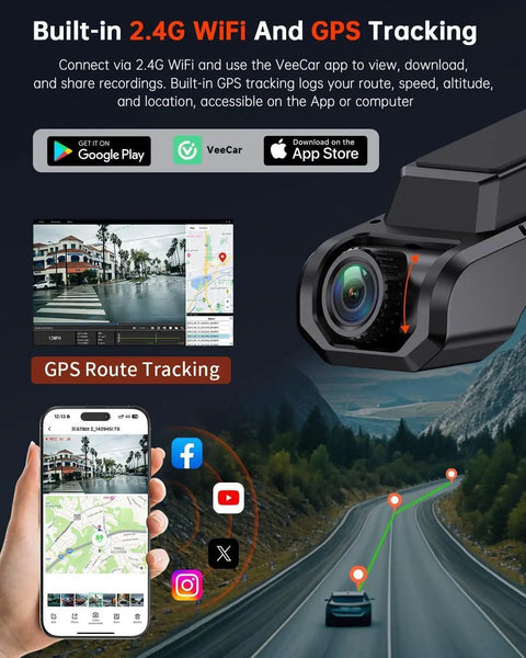 Dual 4K Front And Rear Dash Cam With 1080P Backup, Built In Wi Fi GPS, 32GB Card Included displayed with app interface