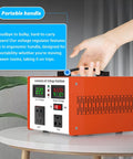 Rock Solid Heavy Duty Digital Voltage Regulator With Instant Readout Screen on a table with portable handle for easy transport.