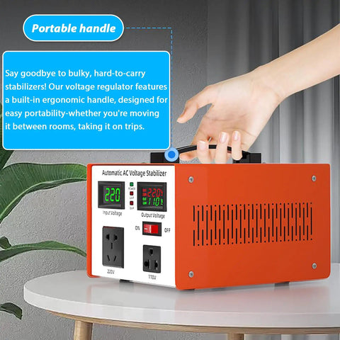 Rock Solid Heavy Duty Digital Voltage Regulator With Instant Readout Screen on a table with portable handle for easy transport.