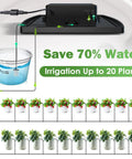 Diagram showing Solar Garden Irrigation System with Fifty Days Standby Time, auto watering for 20 pots with anti siphon feature.