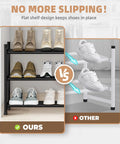 Comparison of Expandable 3 Tier Metal Shoe Rack Holds 12 To 18 Pairs Freestanding Stackable Organizer showing flat vs. slanted shelves.