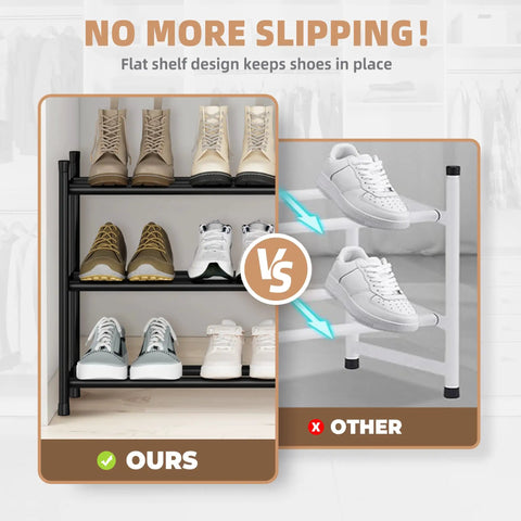 Comparison of Expandable 3 Tier Metal Shoe Rack Holds 12 To 18 Pairs Freestanding Stackable Organizer showing flat vs. slanted shelves.