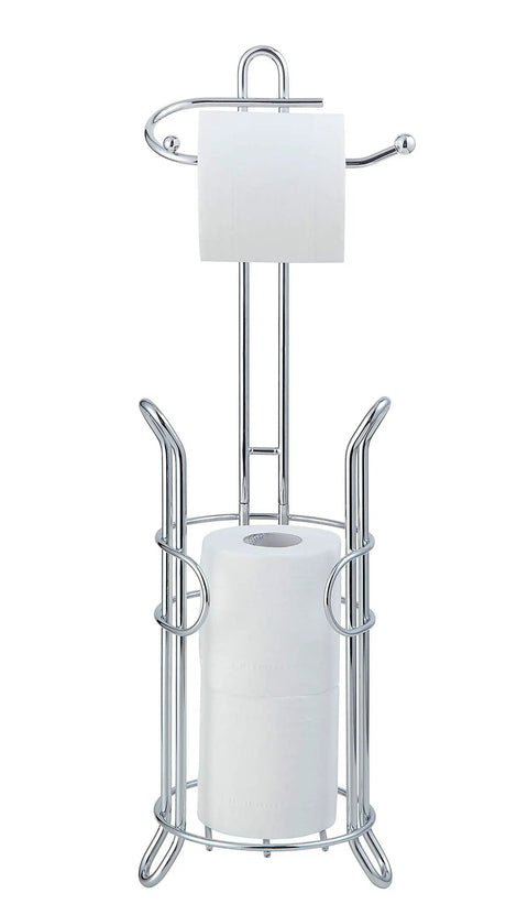 Freestanding Toilet Paper Holder With Storage Holds Three Spare Rolls Heavy Duty Steel Chrome Finish Easy Assembly
