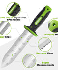 Hori Hori Garden Knife With 7 Inch Stainless Blade Dual Edge For Weeding Digging Planting Ergonomic TRP Handle With Hanging Hole And Oxford Sheath Green featuring measurement markings.