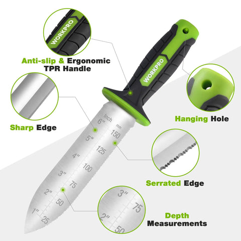 Hori Hori Garden Knife With 7 Inch Stainless Blade Dual Edge For Weeding Digging Planting Ergonomic TRP Handle With Hanging Hole And Oxford Sheath Green featuring measurement markings.