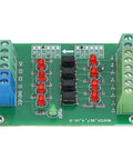 Top view of Optocoupler Isolation Board 24V To 5V PLC Level Converter Module 4 Channel with red LEDs and screw terminals