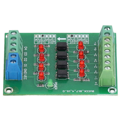 Top view of Optocoupler Isolation Board 24V To 5V PLC Level Converter Module 4 Channel with red LEDs and screw terminals