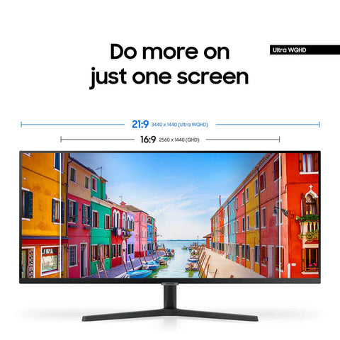 ViewFinity S50GC 34 Inch Ultrawide QHD Monitor With 100Hz Refresh displaying colorful buildings in UltraWQHD resolution