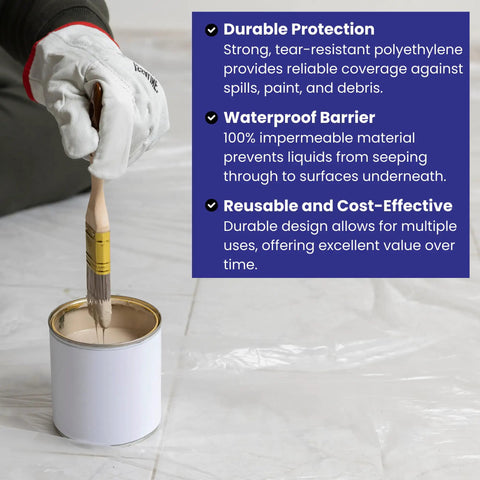 Person painting on 2 Pack Heavy Duty Plastic Drop Cloth 9x12 Feet Waterproof Clear Tarp For Painting And Furniture Protection