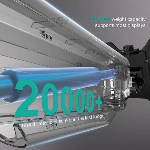 Close-up of single monitor arm mount mechanism, showing 26.4 lbs weight capacity for 13 to 34 inch screens with full tilt rotation.