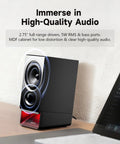 Desktop Speaker System with 2.75 inch full range drivers and Bluetooth 6.0 on desk beside laptop, black finish, red base.