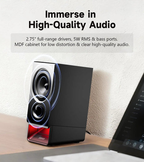 Desktop Speaker System with 2.75 inch full range drivers and Bluetooth 6.0 on desk beside laptop, black finish, red base.