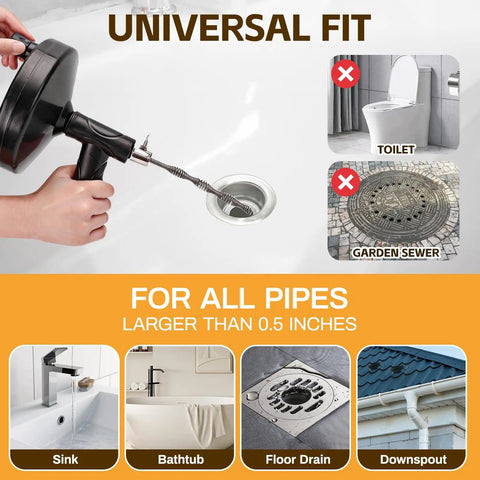 Direct Drain Auger 33 Feet Plumbing Snake For Hair Clogs And Slow Drains No Fuss Heavy Duty Sink Bathtub Shower Cleaner Tool Flexible Grabber Manual Rotation For Safer On Pipes Cost Saving Drain Cleaner