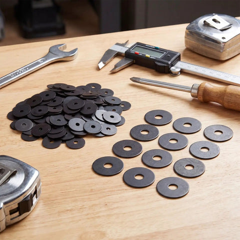 Beefy 200 Piece Zinc Fender Washer Set 0.25 Inch By 1.25 Inch 1 Millimeter Thick For Wood And Wet Environments on wooden table