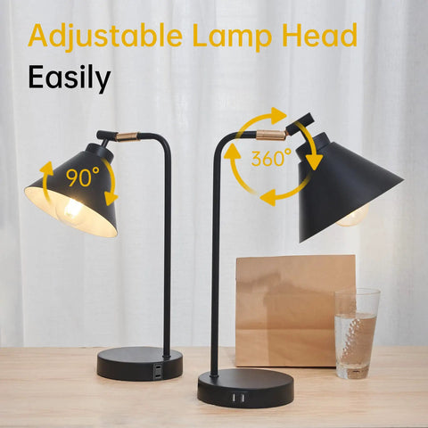 Sleek Black Dimmable Nightstand Lamp With USB Ports And AC Outlet showing adjustable lamp head angles
