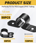 Front view of PEX pipe support kit: 50 1/2 inch clamps, 20 nylon R-type clamps, 120 screws (190 total).