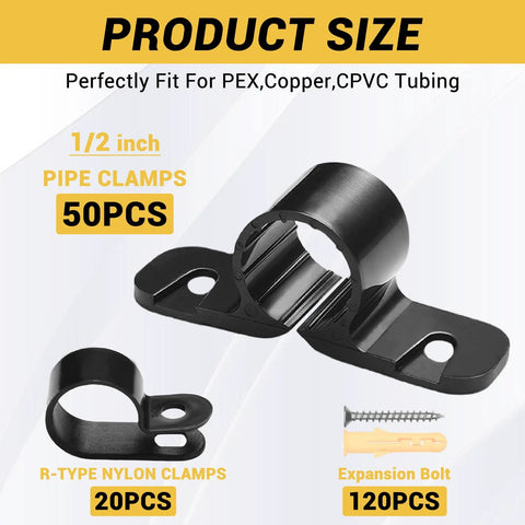 Front view of PEX pipe support kit: 50 1/2 inch clamps, 20 nylon R-type clamps, 120 screws (190 total).