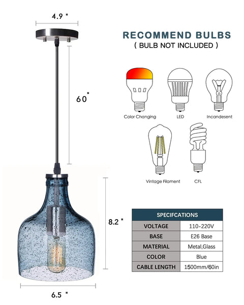 Blue Glass Pendant Lights For Kitchen Island In Modern Farmhouse Style Ceiling Hanging Fixtures, hand-blown, bulb options.