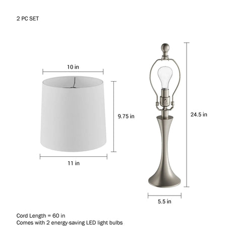 Set Of 2 Mid Century Modern Table Lamps With Metal Flared Trumpet Bases, Energy Efficient Led Bulbs Included, Silver Finish details
