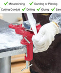 Beefy Universal Table Vise 3 Inch Jaw Opening With 360 Degree Swivel Base Bench Clamp For Woodworking And Metalworking, Thickened 0.2 Inch Jaw For Grip That Won't Budge, Fits Most Workbenches. red cast steel bench vise clamping a workbench for metalworking and sawing