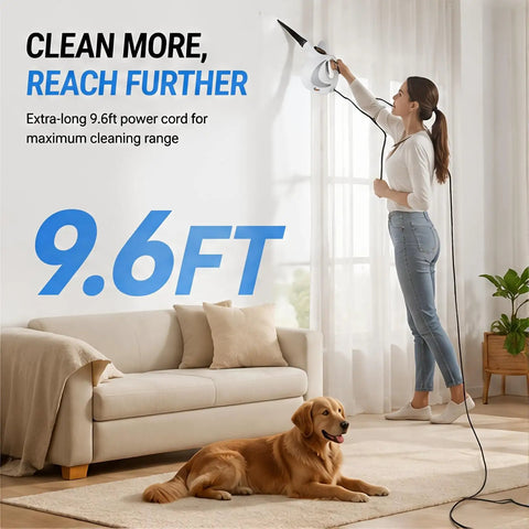 Powerful 1050w Handheld Steam Pro Cleaner For Home With 230 Degree High Pressure And 12 Accessories Fast 15s Heat Up, 9.6ft power cord shown with user.