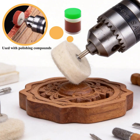 105 Pcs Rotary Tool Accessory Kit 1/8 Inch Shank polishing a wooden carving with a felt wheel attachment for detail work.